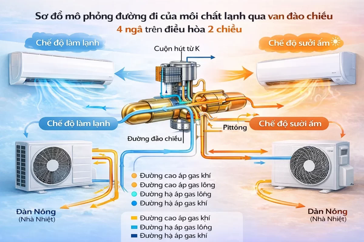 Cơ chế can thiệp dòng chảy: Van đảo chiều (Reversing Valve) làm thay đổi lộ trình của gas nóng, quyết định dàn nào sẽ làm nhiệm vụ xả nhiệt và dàn nào hấp thụ nhiệt
