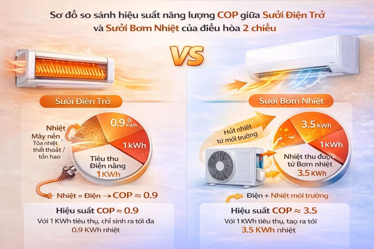 Sự chênh lệch hiệu năng: Máy sưởi điện tiêu thụ 1kW để tạo 1kW nhiệt, trong khi máy nén điều hòa 2 chiều tiêu thụ 1kW để "bơm" vào phòng tới 3-4kW nhiệt lượng từ môi trường ngoài