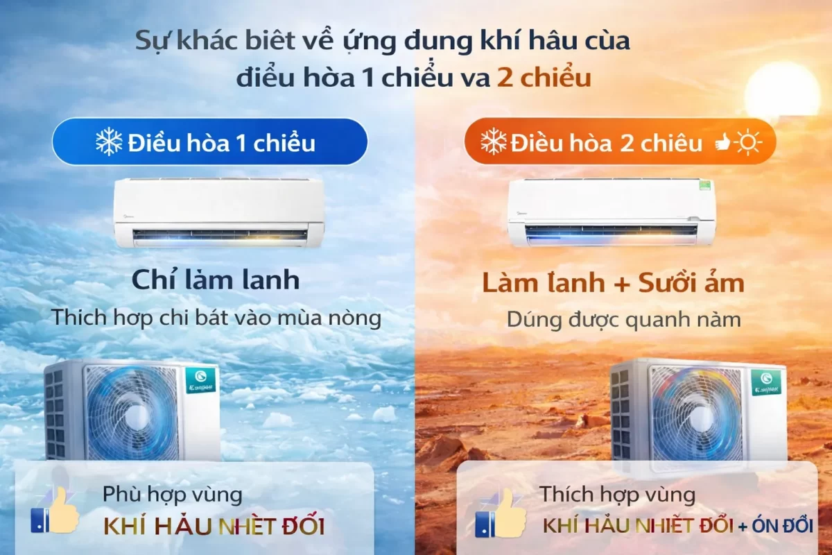 Tham chiếu cấu trúc địa lý: Các khu vực nằm trên đường vĩ tuyến cao yêu cầu hệ thống đảo chiều chu trình (2 chiều) để đối phó với biến thiên biên độ nhiệt khắc nghiệt, trong khi cấu trúc 1 chiều là lựa chọn tối ưu kỹ thuật tại vùng cận xích đạo