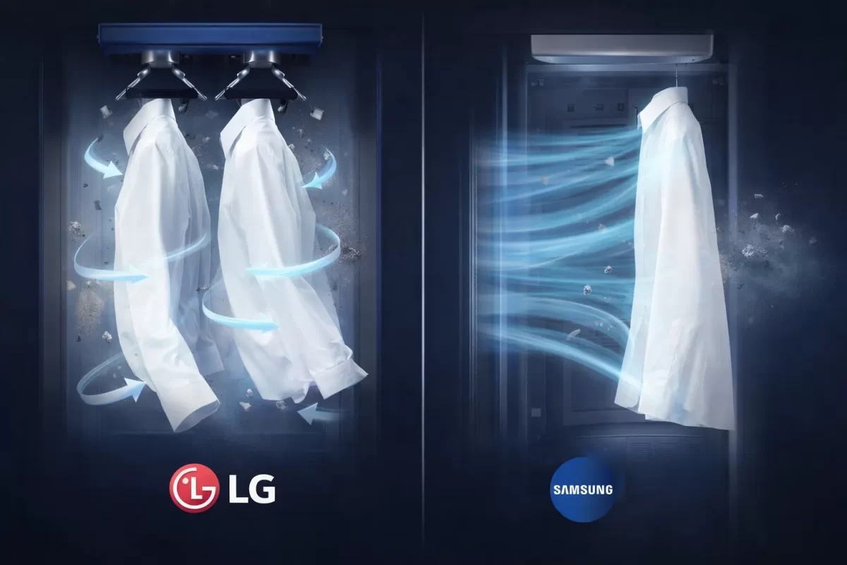 Ảnh minh họa: LG (trái) sử dụng cơ cấu chuyển động vật lý trượt ngang móc áo để rũ bụi, trong khi Samsung (phải) dùng các luồng khí Jet Air xịt mạnh xuyên qua áo