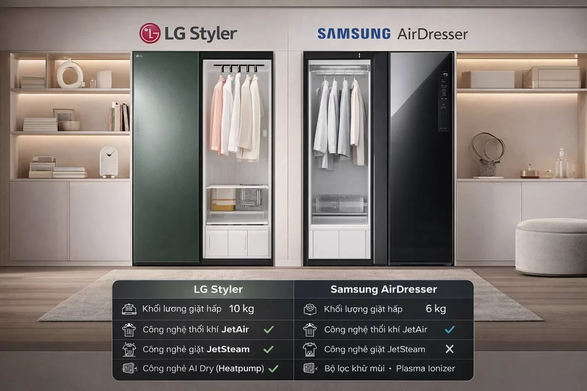 So sánh LG Styler và Samsung AirDresser trong không gian phòng thay đồ cao cấp