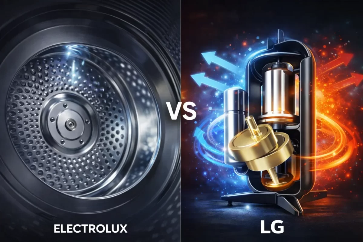 Cơ cấu máy nén Dual Inverter tốc độ cao của LG (phải) đối đầu với lồng sấy thiết kế khí động học êm ái của Electrolux (trái))