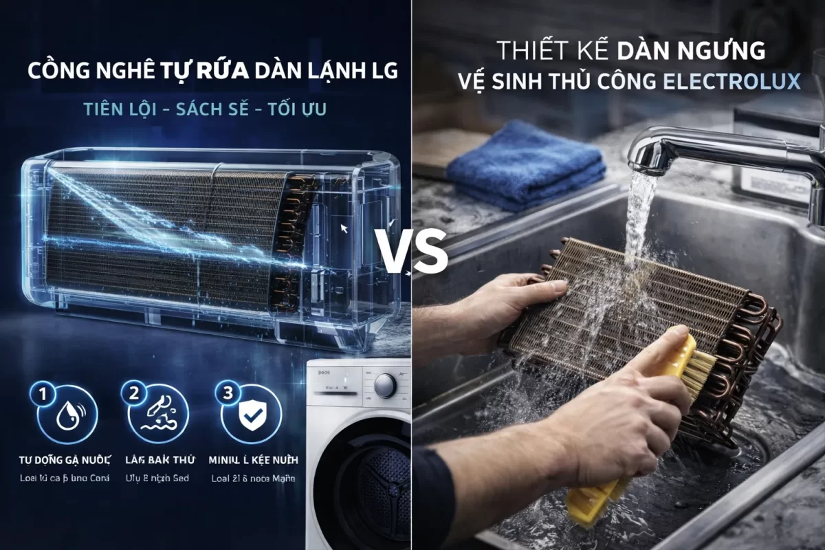 Sự tiện lợi của công nghệ tự rửa dàn lạnh LG (trái) đối đầu với thiết kế cho phép vệ sinh thủ công kỹ lưỡng của Electrolux (phải)