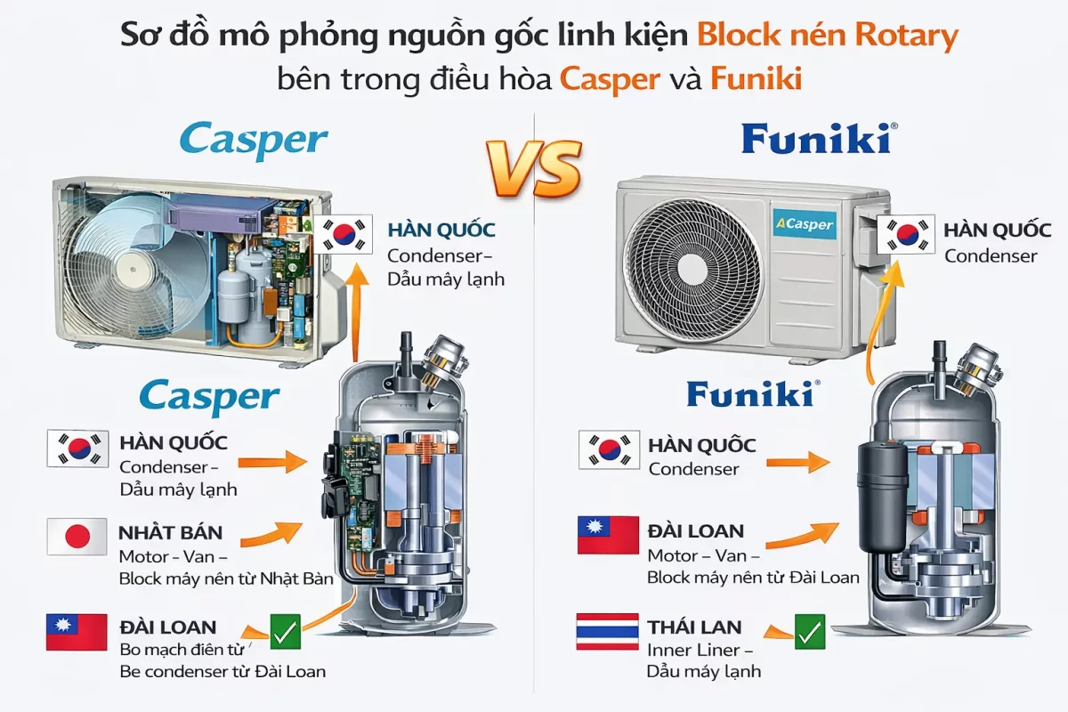 Cả Casper và Funiki phần lớn sử dụng thiết kế Máy nén Rotary (Trục quay) từ các nhà cung cấp linh kiện gia công lớn, tối ưu hóa để luân chuyển môi chất lạnh R32