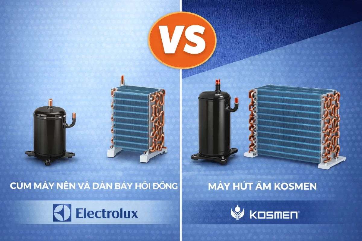 Tương quan thể tích ngưng tụ: Electrolux (trái) tối ưu hóa kích thước dàn đồng để đảm bảo độ ồn thấp, trong khi Kosmen (phải) tối đa hóa diện tích dàn tản nhiệt nhằm vắt kiệt hơi nước nhanh nhất có thể