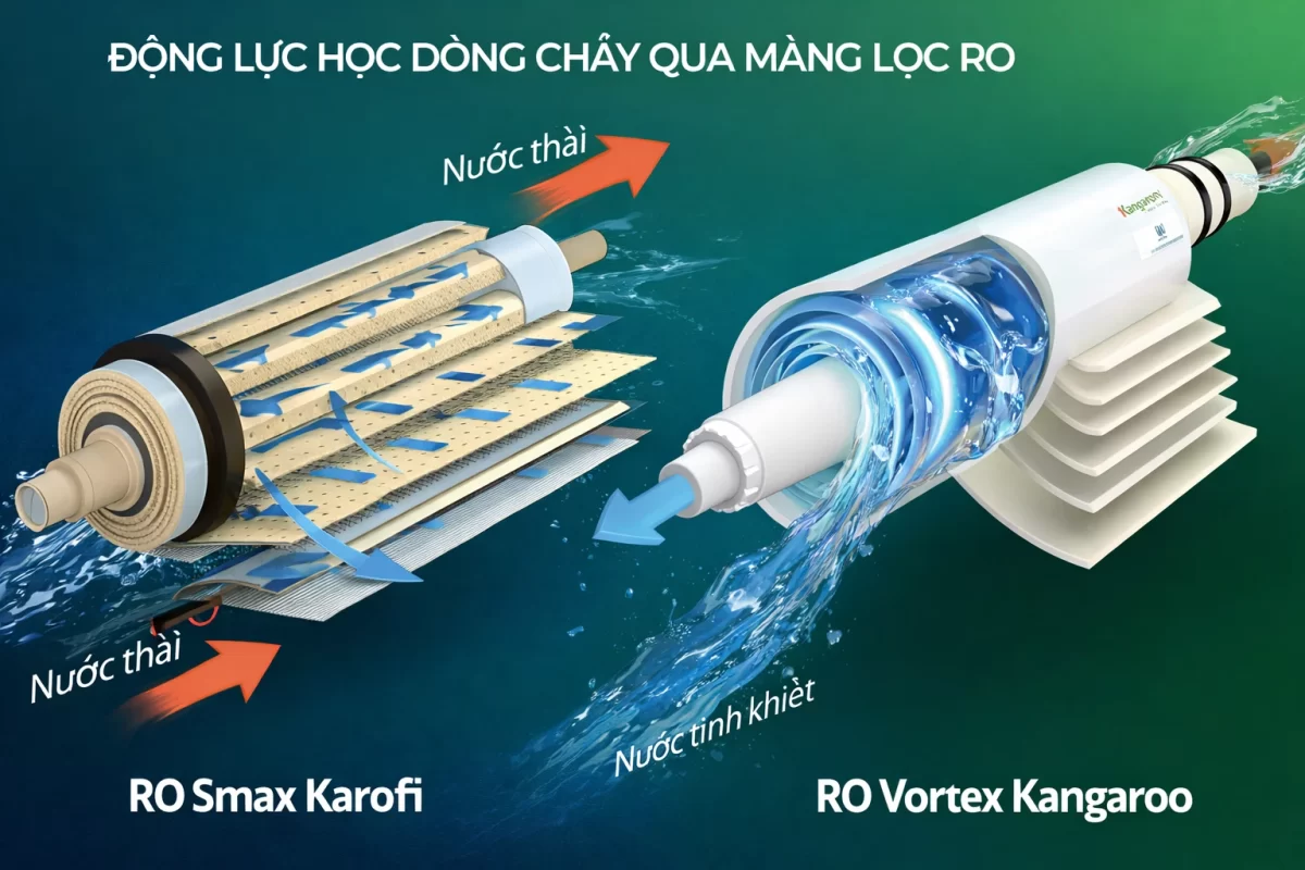 Cơ chế phân tách phân tử: Màng Smax của Karofi (trái) tối đa hóa diện tích bề mặt tiếp xúc, trong khi thiết kế Vortex của Kangaroo (phải) sử dụng dòng xoáy để triệt tiêu hiện tượng đóng cặn bề mặt