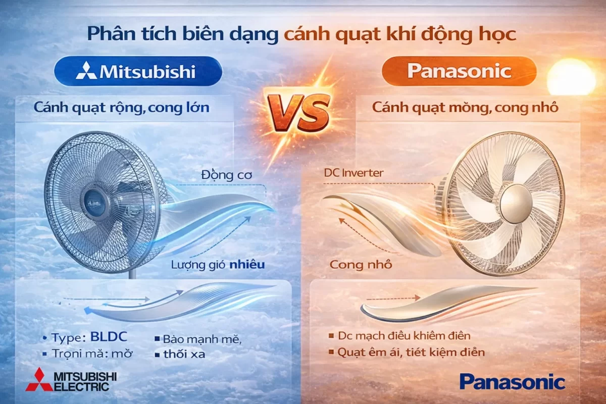 Phân tích khí động học: Cánh quạt Mitsubishi (trái) với tiết diện lớn cho lưu lượng gió sâu, trong khi thiết kế thon gọn của Panasonic (phải) tối ưu hóa sự triệt tiêu tiếng ồn cắt gió