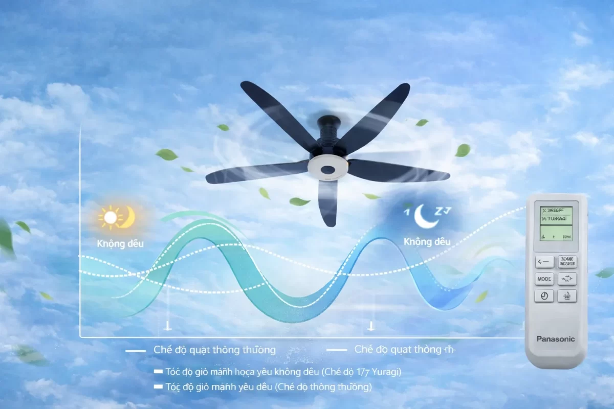 Cấu trúc biến tần: Bo mạch DC Inverter của Panasonic (phải) cho phép thay đổi vòng tua liên tục theo thuật toán 1/f Yuragi, khác biệt với tốc độ tuyến tính cố định của động cơ AC truyền thống