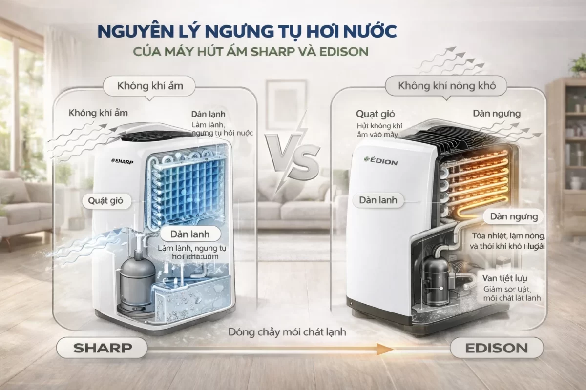 Cơ chế vắt kiệt hơi nước: Không khí ẩm đi qua cụm ống đồng làm lạnh (màu xanh) để ngưng tụ nước vào bình, sau đó đi qua cụm ống đồng nóng (màu đỏ) trước khi xả ra môi trường luồng gió khô ấm