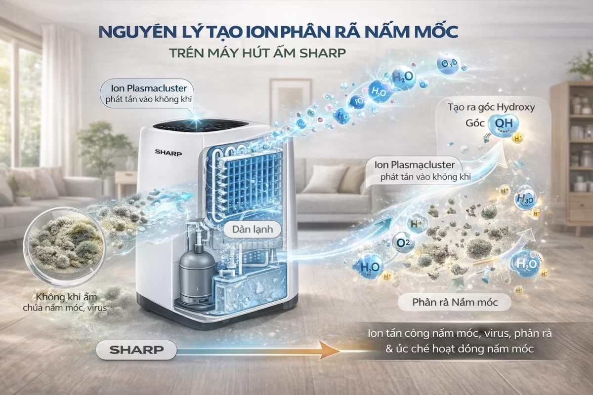 Cấu trúc lai (Hybrid): Máy hút ẩm Sharp không chỉ sử dụng máy nén lạnh để vắt nước mà còn tích hợp bộ phát Plasmacluster Ion (PCI) để chủ động bẻ gãy màng protein của nấm mốc sinh sôi trong mùa nồm ẩm