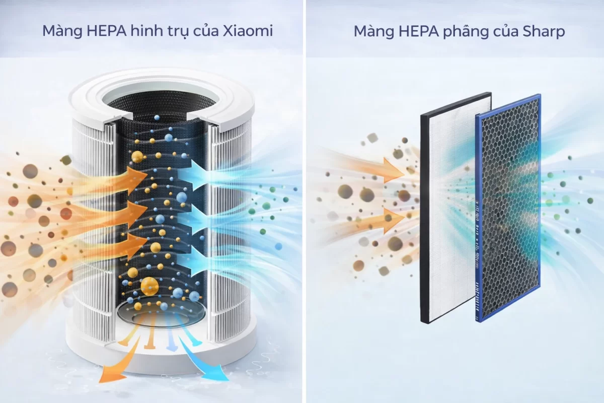 Cơ học lưu chất: Lõi HEPA hình trụ 360 độ của Xiaomi (phải) cho phép xử lý khối lượng khí khổng lồ, trong khi cấu trúc phẳng của Sharp (trái) tạo ra tốc độ lọc chậm hơn nhưng tối ưu không gian tích hợp hệ thống tạo ion