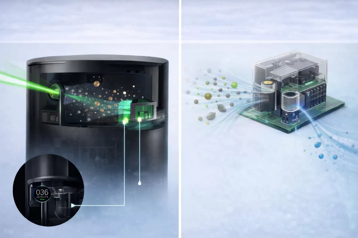 Cấu trúc thu thập dữ liệu: Xiaomi (trái) tập trung định lượng chính xác kích thước hạt PM2.5 bằng Laser, trong khi Sharp (phải) giám sát tổ hợp đa biến bao gồm mùi hôi (VOCs) và độ ẩm để phục vụ quá trình xúc tác tạo Ion