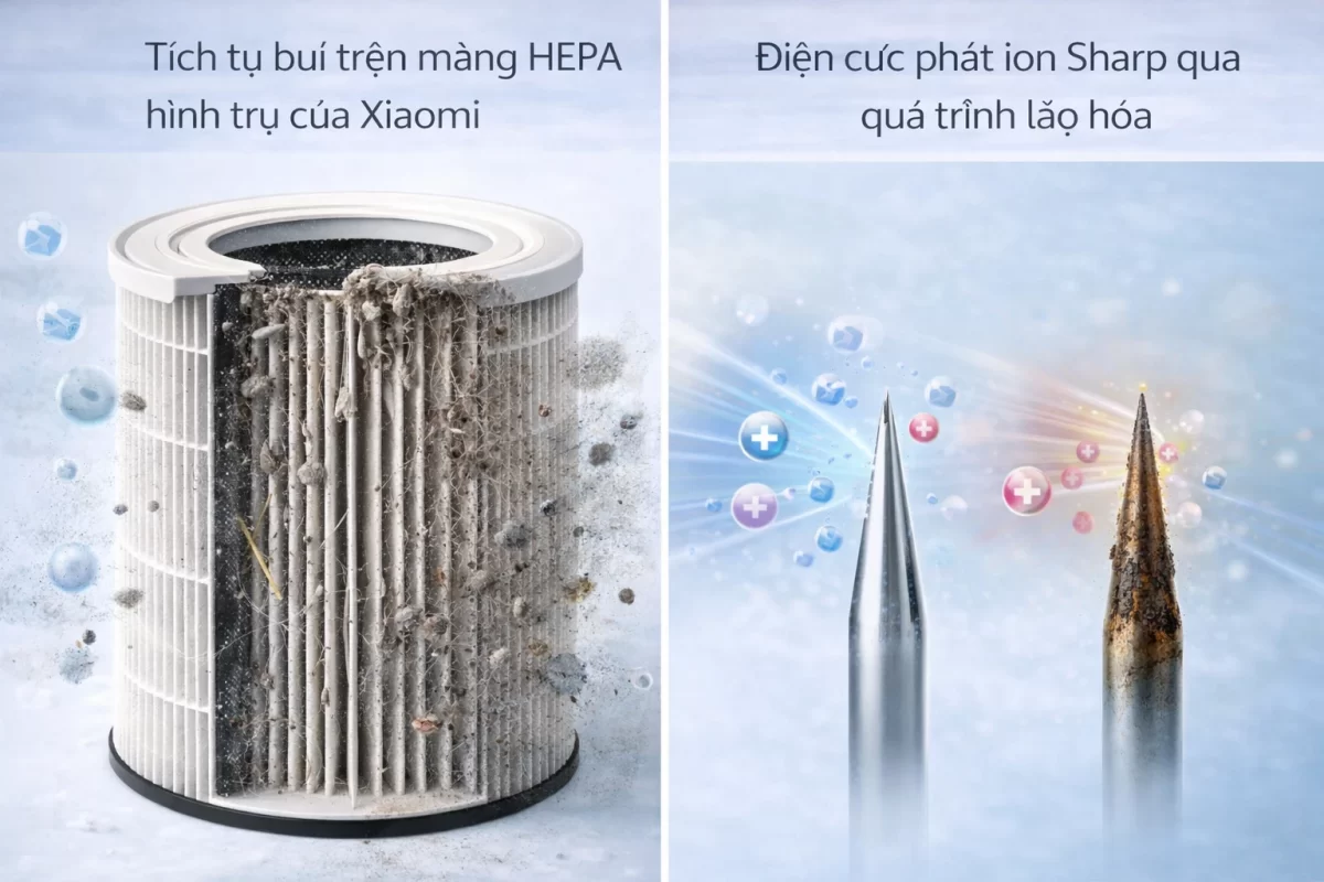  Lõi lọc HEPA của Xiaomi (trái) suy giảm thông lượng khí do hạt vật chất lấp kín các mao quản sợi thủy tinh, trong khi điện cực Sharp (phải) bị oxy hóa cơ học sau 19.000 giờ phóng điện