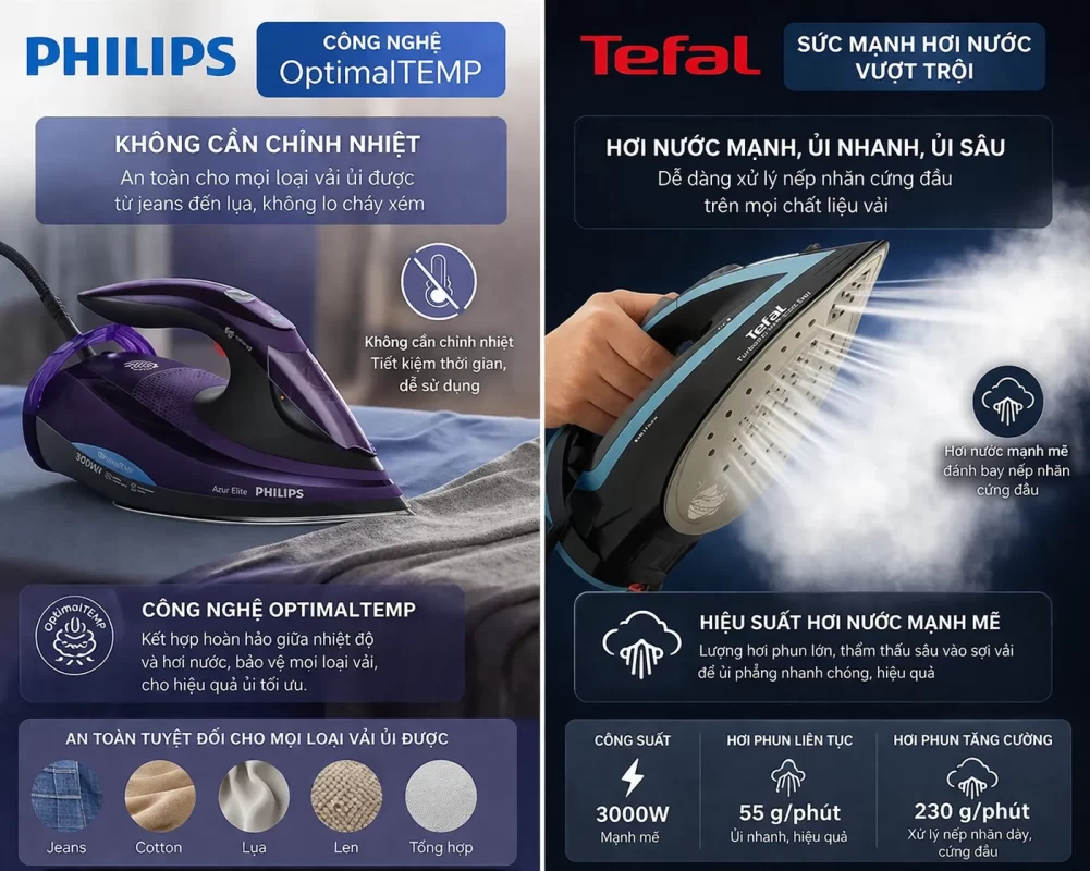  Bàn ủi Philips (trái) loại bỏ hoàn toàn núm vặn nhiệt độ nhờ công nghệ OptimalTEMP chống cháy, trong khi Tefal (phải) tự hào với bộ tạo hơi nước tăng cường bạo lực