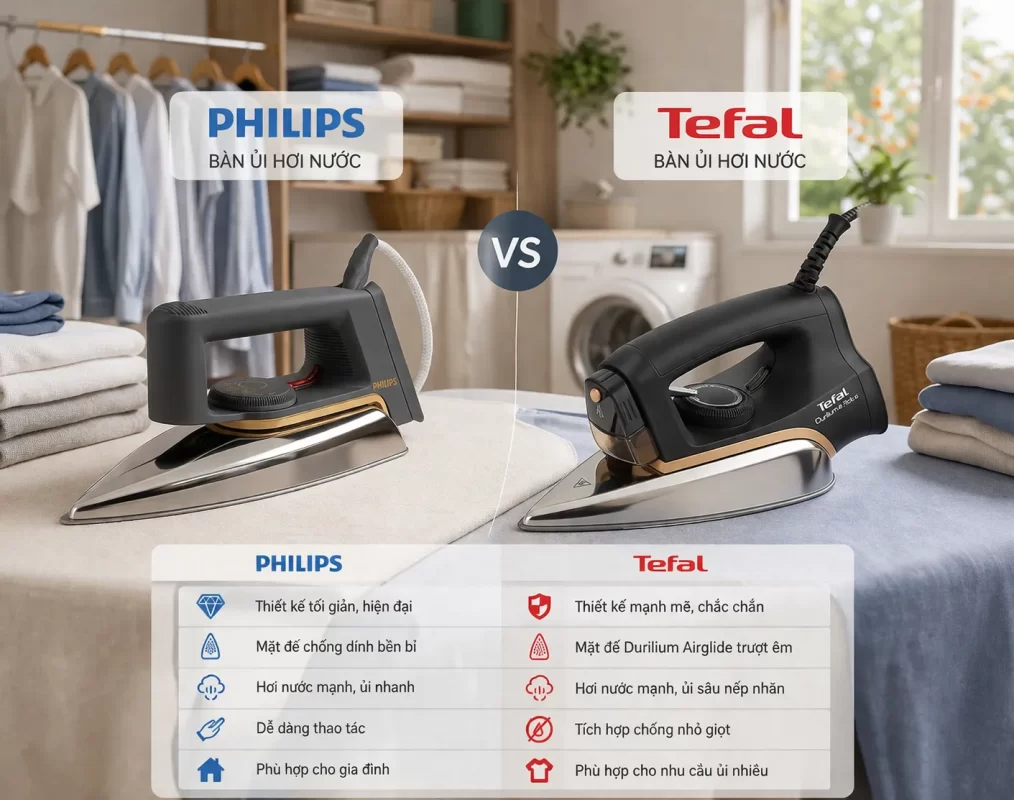 Cuộc đối đầu lịch sử trong ngành chăm sóc vải: Sự tinh tế, an toàn của bàn ủi Philips (trái) và sức mạnh, tốc độ của bàn ủi Tefal (phải)