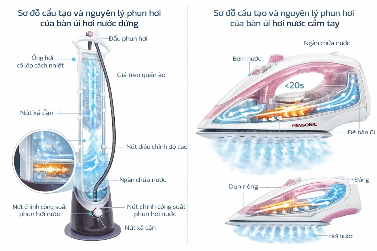 Cấu tạo trạm đun rời của bàn ủi đứng (trái) mang lại công suất lớn, khác biệt hoàn toàn với thiết kế tích hợp nhỏ gọn nhưng bình chứa bé của loại cầm tay (phải)
