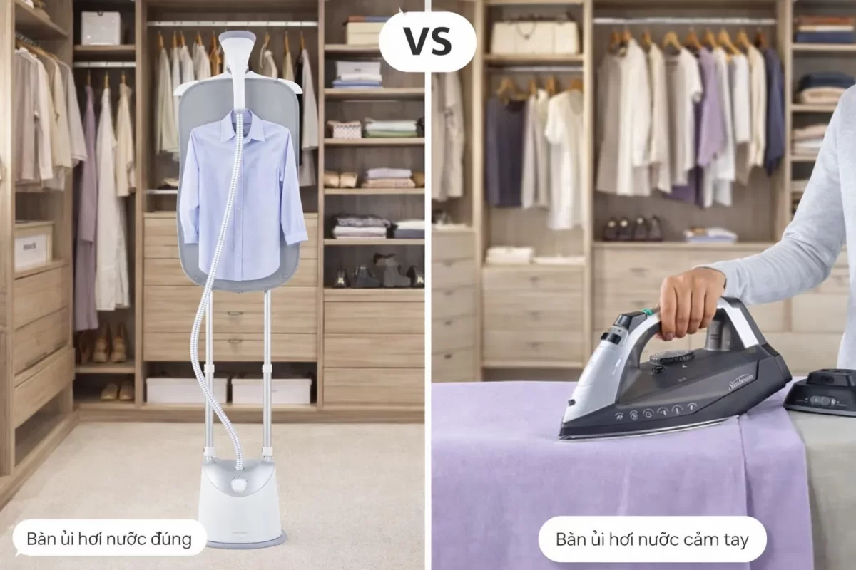 Cuộc chiến định hình thói quen chăm sóc quần áo: Sự bề thế, mạnh mẽ của bàn ủi đứng (trái) đối đầu với sự nhỏ gọn, cơ động của bàn ủi cầm tay (phải)