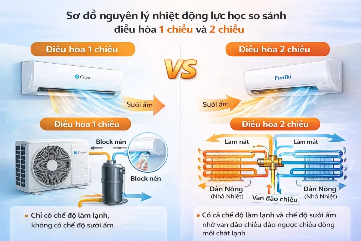Cấu trúc cơ học tạo nên sự khác biệt: Hệ thống 1 chiều chỉ có chu trình làm lạnh tiêu chuẩn (trái) và hệ thống 2 chiều được bổ sung cụm Van đảo chiều 4 ngã phức tạp (phải