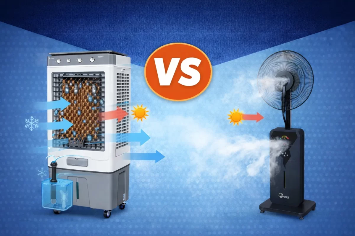 Sự phân lập công nghệ: Quạt điều hòa (trái) dựa vào tấm Cooling Pad để bay hơi nước trong máy, trong khi quạt phun sương (phải) phóng trực tiếp các hạt nước lỏng vào không khí