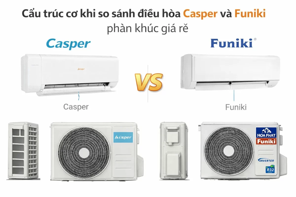Cấu trúc dàn lạnh của hai nền tảng gia công lớn tại Đông Nam Á: Casper (trái) mang ngôn ngữ thiết kế Thái Lan và Funiki (phải) đại diện cho năng lực phân phối nội địa của Tập đoàn Hòa Phát