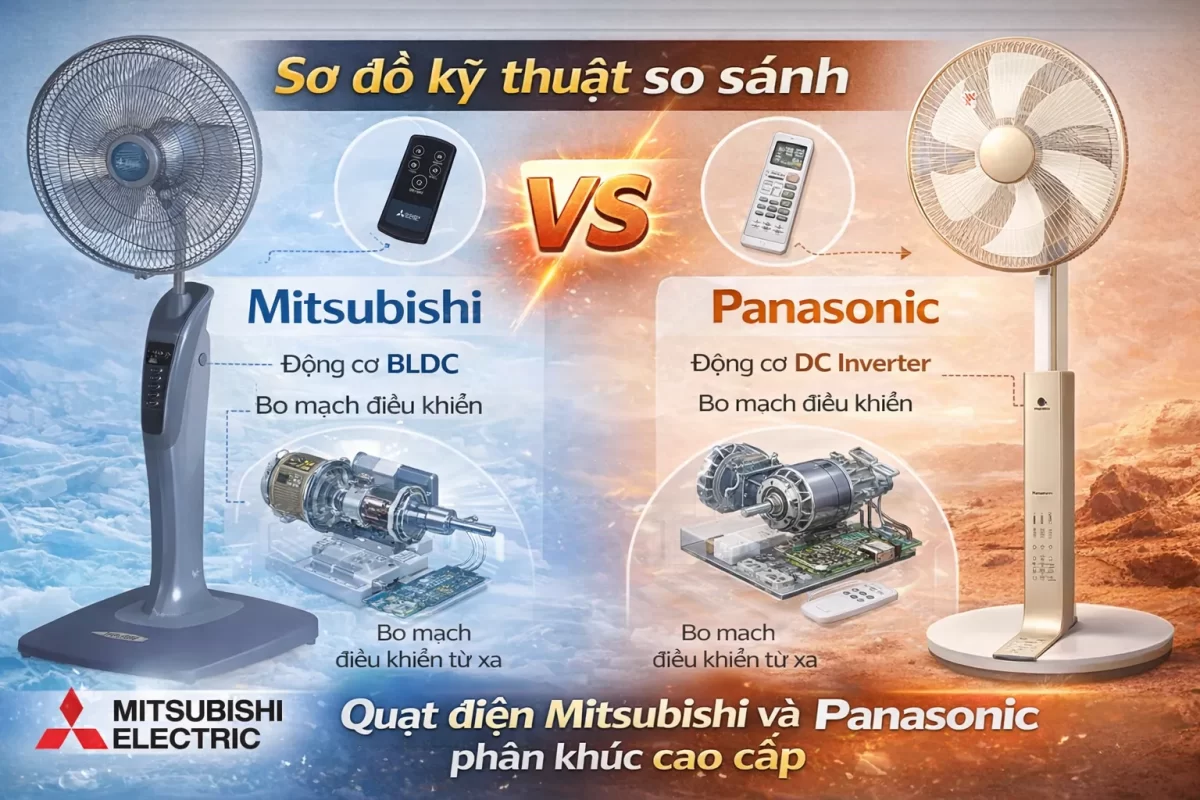 Sự đối đầu của hai chuẩn mực kỹ thuật Nhật Bản: Quạt cây Mitsubishi (trái) với thiết kế khí động học truyền thống và Panasonic (phải) đại diện cho sự tĩnh lặng tối đa