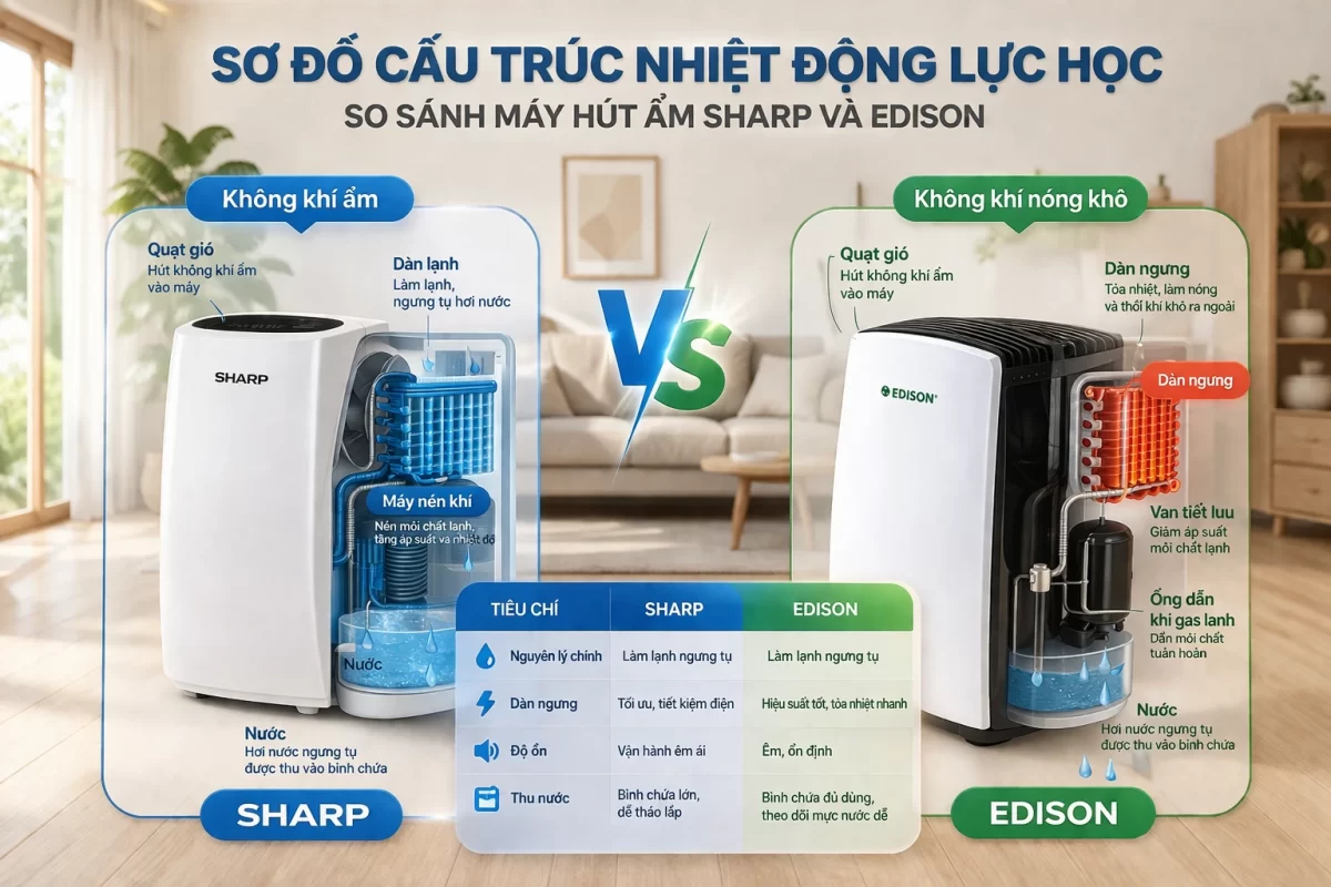Cấu trúc lõi của cỗ máy kiểm soát hơi ẩm: Sharp (trái) tích hợp hệ thống tạo ion phân rã nấm mốc, trong khi Edison (phải) tập trung tối ưu hóa cấu trúc máy nén (Compressor) cơ học lỳ lợm