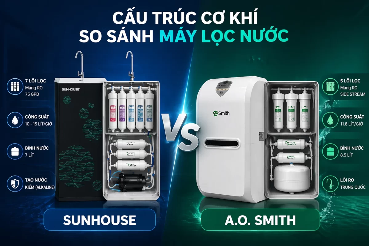 Sự phân cực trên thị trường vi khí hậu: Sunhouse (trái) mang triết lý bình dân hóa nước sạch bằng module phổ thông, trong khi A.O. Smith (phải) đại diện cho công nghệ lọc khép kín chống rò rỉ tuyệt đối của Mỹ