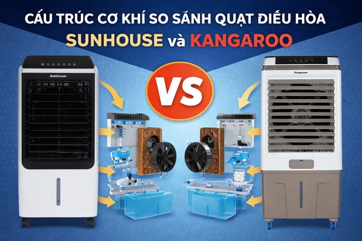 Cấu trúc lõi của cỗ máy làm mát bằng hơi nước: Sunhouse (trái) và Kangaroo (phải) đại diện cho hai nền tảng gia công thiết bị làm mát không gian mở phổ biến nhất tại Việt Nam