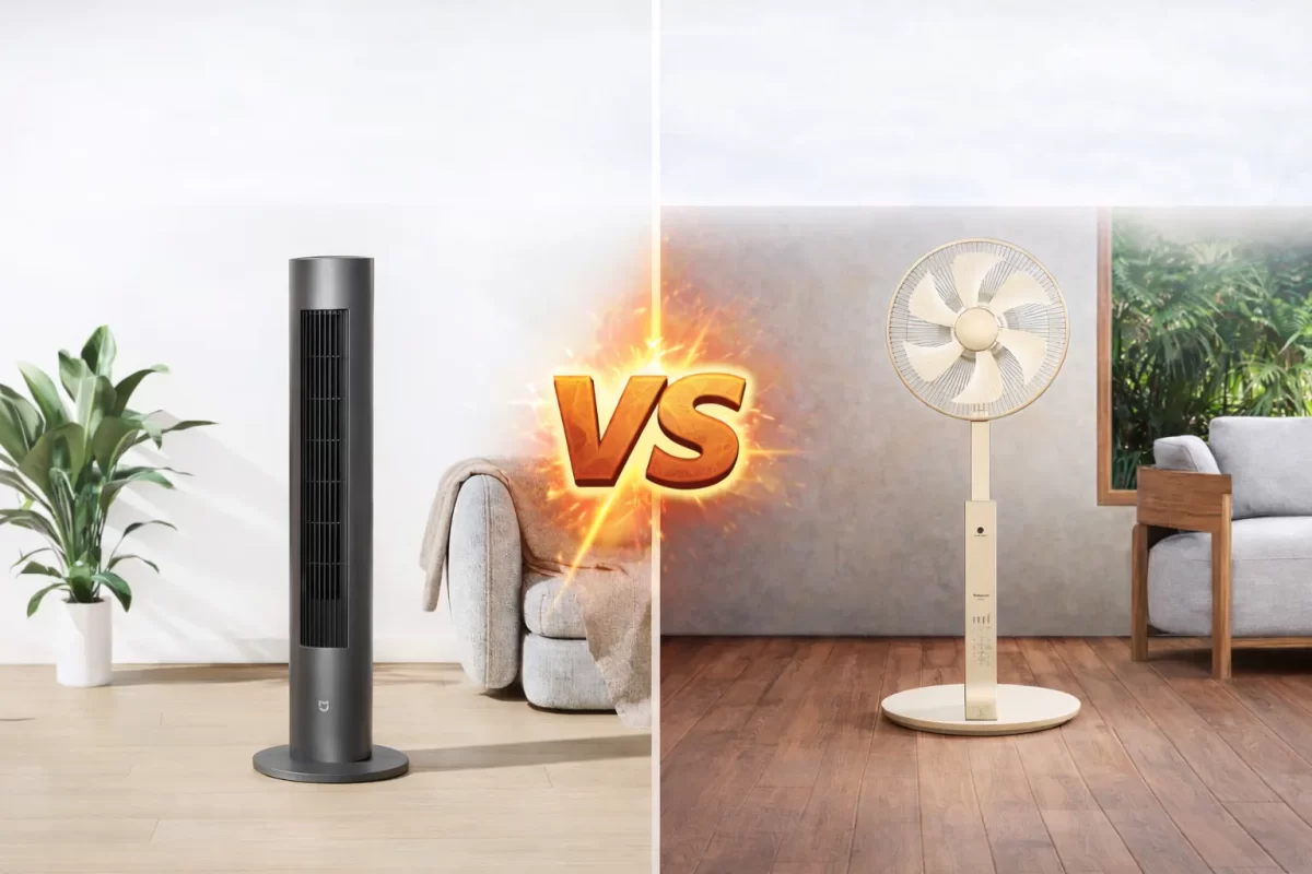 Sự đối lập trong triết lý thiết kế: Quạt tháp (trái) ưu tiên sự liền mạch hình trụ, trong khi quạt cây (phải) giữ nguyên kết cấu lồng quạt hướng trục truyền thống