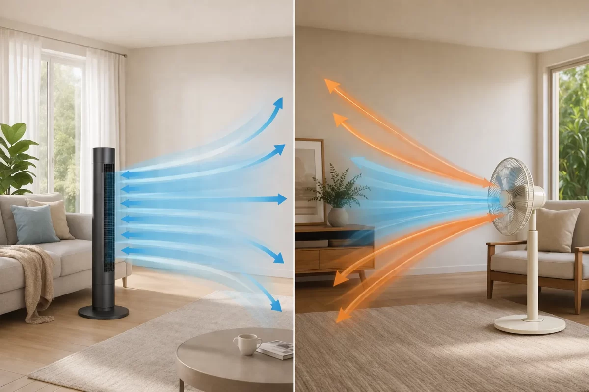 Phân vùng làm mát: Quạt cây (phải) phóng luồng gió sâu và bao quát diện rộng, trong khi quạt tháp (trái) tạo ra bức màn gió tầm thấp êm ái, lý tưởng để hỗ trợ luân chuyển hơi lạnh điều hòa