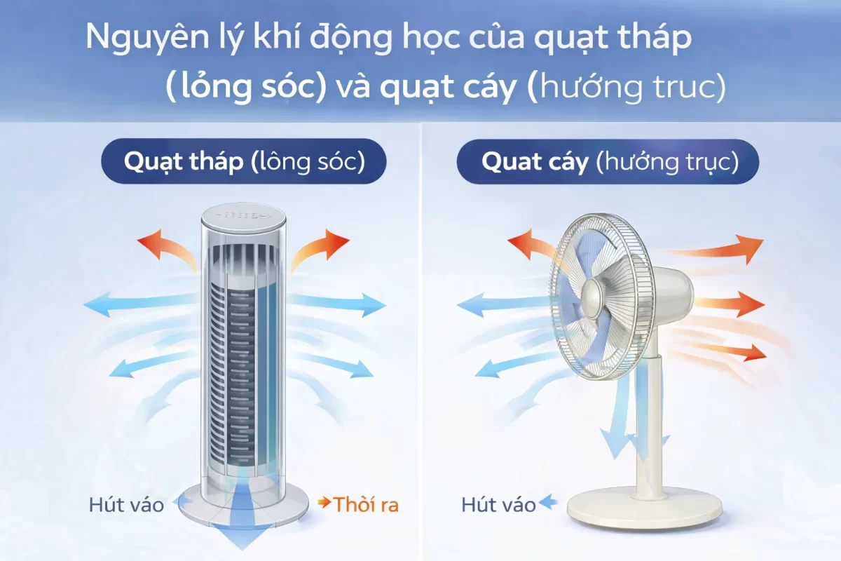 Cấu trúc cơ học: Quạt tháp (trái) sử dụng trục xoay lồng sóc tạo ra dải gió thẳng đứng, trong khi quạt cây (phải) dùng cánh hướng trục tạo luồng gió hình nón bung tỏa